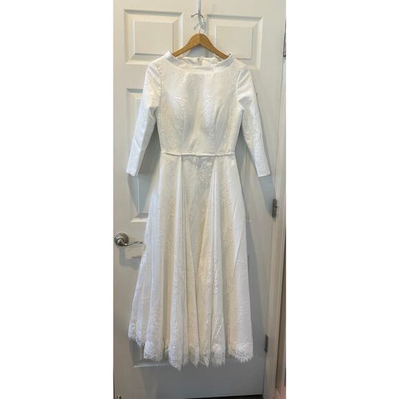 Wedding Dress 1950s Boat Neck L/S Detachable Train Satin French Lace Sz10 - Picture 1 of 14